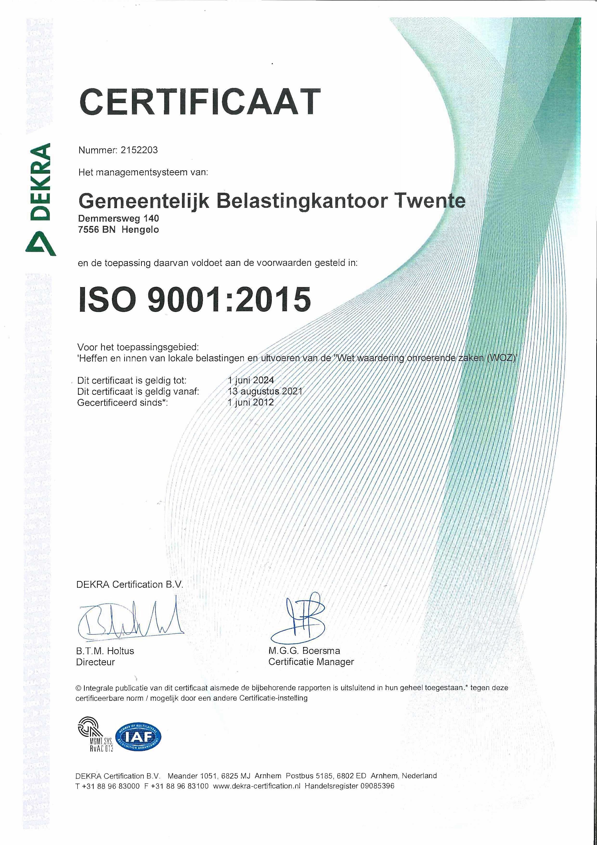 Afbeelding van het ISO certificaat van GBTwente